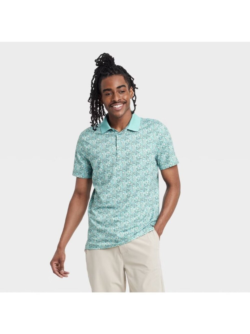 All in Motion Polo Shirt Mens Green Paisley Textured Jacquard Knit Loose Fit